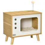 PawHut TV σε σχήμα μοριοσανίδας σπιτάκι γάτας με μαξιλάρι και μπάλα παιχνιδιών, 50x28x43 cm