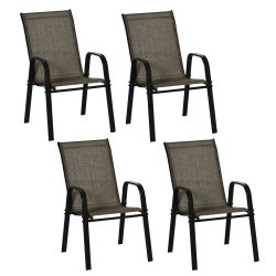 Outsunny Σετ Καρέκλες κήπου 4 τεμαχίων με μπράτσα, στοιβαζόμενες καρέκλες εξωτερικού χώρου από μέταλλο και αναπνεύσιμο ύφασμα, καφέ