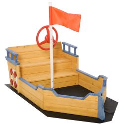 Outsunny Pirate Ship Ξύλινο Sandpit για Παιδιά με Αποθηκευτικό χώρο, 158x78x45,5cm