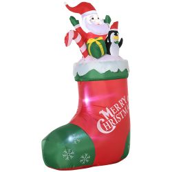Outsunny Φουσκωτός Άγιος Βασίλης με Πιγκουίνο και Χριστουγεννιάτικη κάλτσα, Περιλαμβάνονται φωτάκια LED και φουσκωτό, 90x50x149 cm