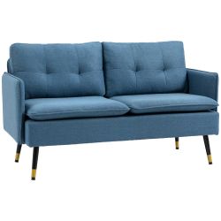 HOMCOM 2θέσιος υφασμάτινος καναπές με μαξιλάρια με επένδυση και ατσάλινα πόδια 139x68x80cm, σκούρο μπλε