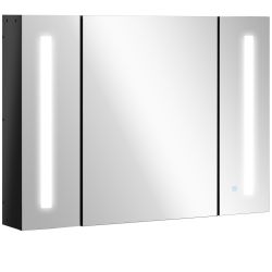 Ντουλάπα καθρέφτη μπάνιου kleankin τοίχου MDF με 3 ντουλάπια, 3 ράφια και φως LED, 90x15x65cm, Μαύρο