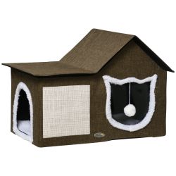 PawHut Cat House με 2 πόρτες, μπάλα παιχνιδιού, μαξιλάρι και χαλάκι γρατσουνίσματος, 65x41x45,5 cm