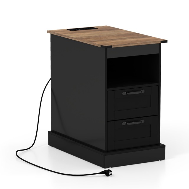 Costway Μαύρο Κομοδίνο με Σταθμό Φόρτισης, Λεπτός Πλαϊνός Τραπεζάκι με Ανοιχτό Χώρο Αποθήκευσης & 2 Συρτάρια JV13069DE-DK