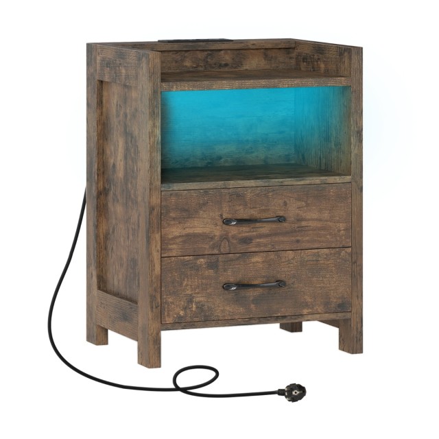 Costway Κομοδίνο με LED Φώτα & Σταθμό Φόρτισης με 2 Συρτάρια & Ανοιχτό Ράφι, Ρουστίκ Καφέ 45 x 35 x 60 cm HU11119DE-CF