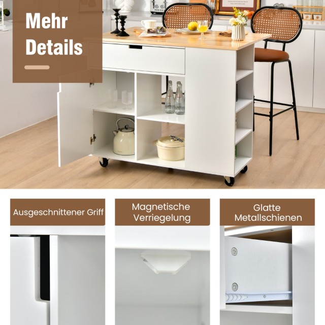 Costway Πολυλειτουργικό Καρότσι Κουζίνας 124 x 76 x 92 cm  με Επεκτάσιμη Επιφάνεια και Αποθηκευτικούς Χώρους KC55460WH+