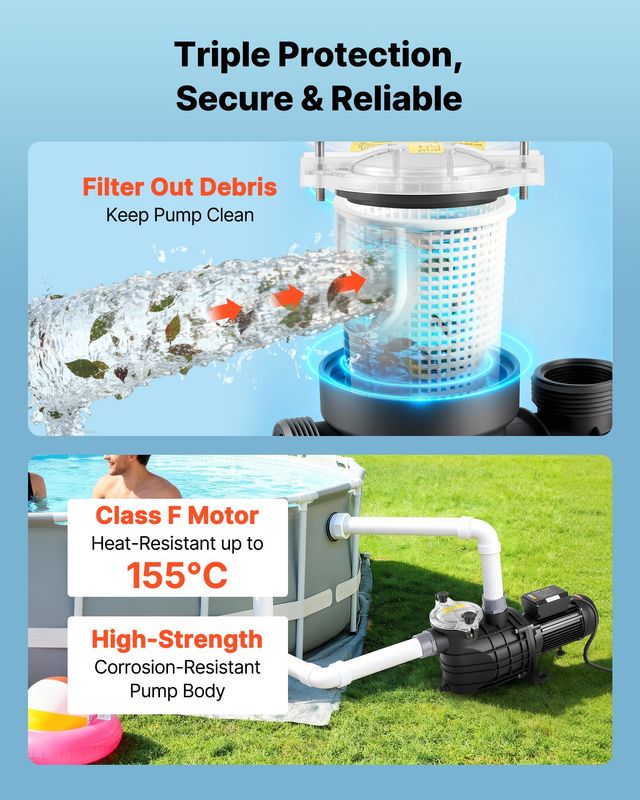 VEVOR Αντλία Πισίνας 3000W, Μέγ. Ροή 35,000 L/H, Μονοτάχυτη, AC 220-240V, 2860 RPM, Μέγ. Ύψος 19μ, με Χρονοδιακόπτη 24 Ωρών & Καλάθι Φίλτρου DSYCGLBOZDS3ITJKP001V2