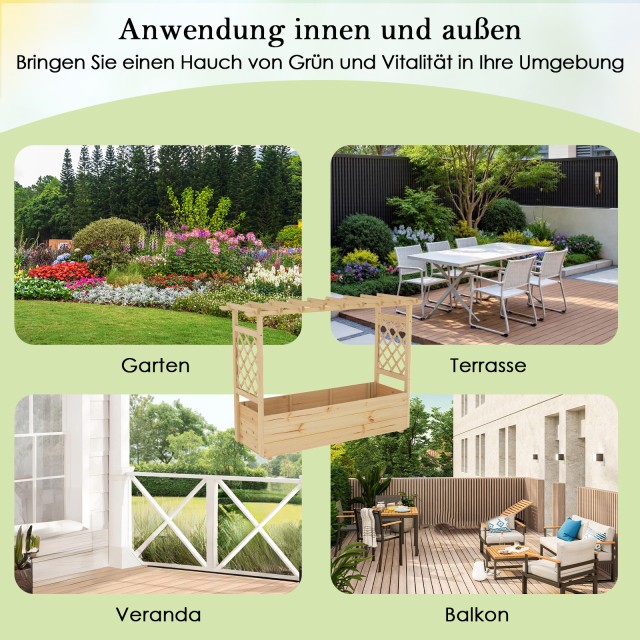 Costway Υπερυψωμένο Κρεβάτι με Πέργκολα & Κρεμαστή Στέγη - Φυτευτική Κασέτα με Υποστήριξη Αναρρίχησης & Τρύπες Αποστράγγισης Φυσικό 150 x 50 x 104 εκ. GT4422