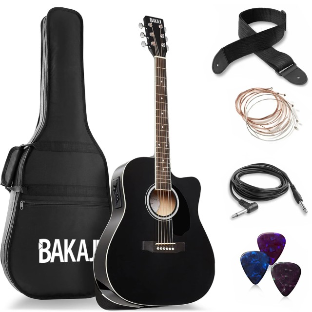 BAKAJI Ηλεκτροακουστική Κιθάρα 41 Μαύρη με Ισοσταθμιστή, Σετ Χορδών, Πέννα, Ζώνη 02842948