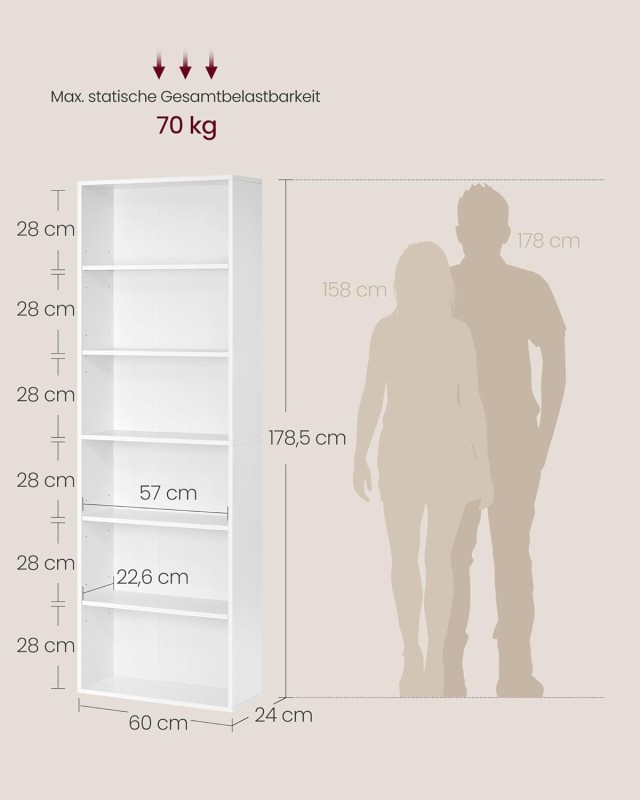 VASAGLE Λευκή Σκανδιναβική Βιβλιοθήκη με Ρυθμιζόμενα Ράφια 60x24x179 εκ. LBC169T14