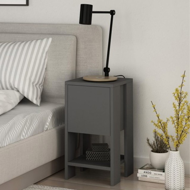 Shally Dogan Κομοδίνο με 2 ράφια και ανακλινόμενη πόρτα, μοντέρνος σχεδιασμός, ανθρακί 02815283