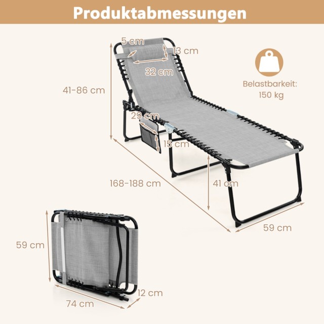 Πτυσσόμενη Ξαπλώστρα Κήπου με Ρυθμιζόμενη Πλάτη και Πλαϊνή Τσέπη 168–188 x 59 x 41–86 cm  Γκρι NP11676GR Costway