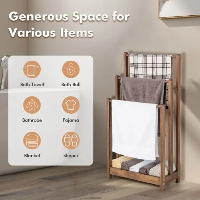 Ξύλινη Κρεμάστρα για Πετσέτες 3 Επιπέδων με Ράφι Αποθήκευσης 45 x 22 x 86 cm– Rustic Brown BA7862CF Costway