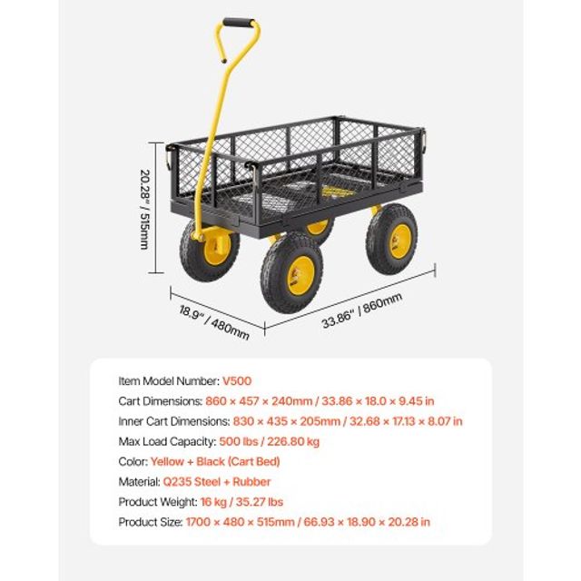 VEVOR Ατσάλινο Καρότσι Κήπου 500lb Αντοχή Βαρέως Τύπου με Ρόδες 10in ZXHYTCHH500LVP7EBV0