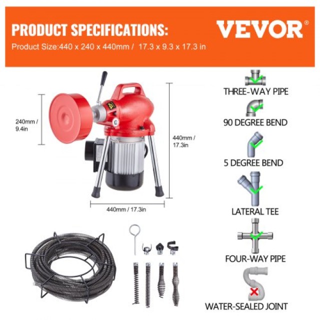 VEVOR Μηχανή Καθαρισμού Αποχέτευσης 20m x 16mm 250W Χειροκίνητη Τροφοδοσία XXFDGDSTJ250OF30KV2