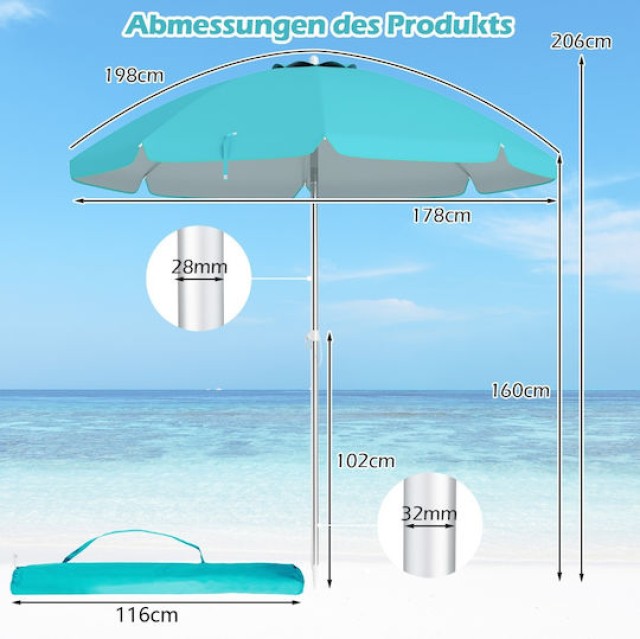 Costway Παραλία Ομπρέλα Μπαλκονιού Προστασίας από τον Ήλιο με Ρύθμιση Κλίσης Ø 180 εκ. με Κάλυμμα NP12248BL