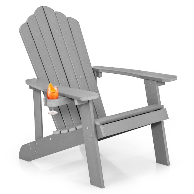 Costway Καρέκλα Adirondack με Ψηλή Πλάτη & Ρυθμιζόμενη Θήκη Ποτού Γκρι Εξωτερική Καρέκλα Μπαλκονιού NP10983SL-new
