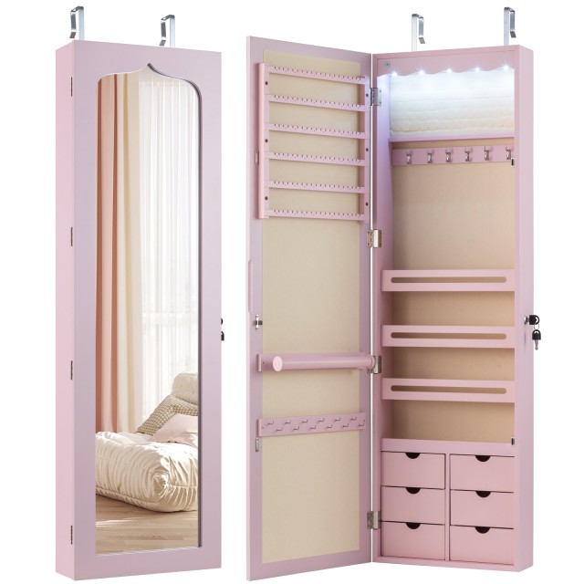 Costway Κλειδωμένο Ντουλάπι Κοσμημάτων με LED και Καθρέφτη (Ροζ) HW63090PI