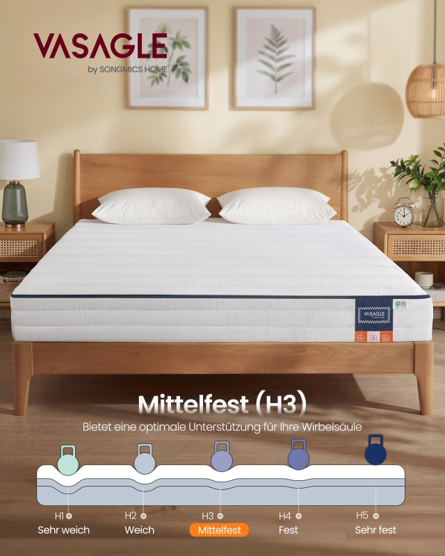 VASAGLE Στρώμα Διπλό 140x200 εκ. Gel Memory Foam, Μέτρια Σκληρότητα H3, 7 Ζωνών, με Αφαιρούμενο Πλενόμενο Κάλυμμα, 16 εκ., Λευκό 200x140x16cm RMZ114W101