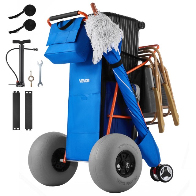 VEVOR Καρότσι Παραλίας με Μεγάλες Ρόδες για Άμμο, 75kg, Πτυσσόμενο με Θήκη Ψύξης και Βάση Ομπρέλας STTC2LKXQQL1UUC6M001V0