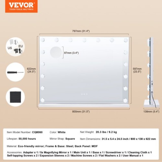VEVOR Καθρέφτης Μακιγιάζ Hollywood με Φώτα & USB-C 23.6 Επιτραπέζιος/Τοίχου TMHZJJSFXDP89ZRDSV2