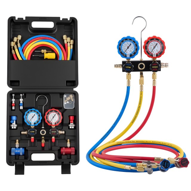 VEVOR Σετ Μανόμετρων Κλιματιστικών για R134a, R404A, R1234yf, R22 με 3 Δρόμους, Σωλήνες 1.5μ, Αντάπτορες, Γρήγορα Ζεύγη & Βάνες για Συντήρηση Αυτοκινήτου JXLMB3TLDSTXRAMFL001V0