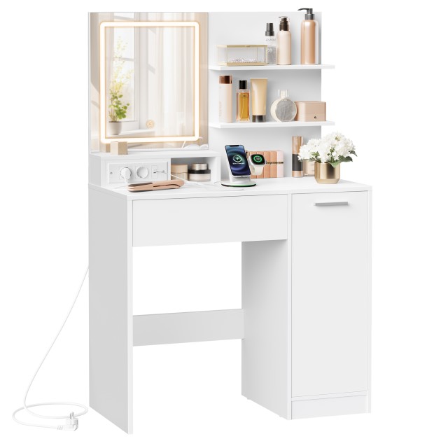 VASAGLE Επίπλο Τουαλέτα με LED Καθρέφτη & Πρίζα - Λευκό, 80x40x132.5cm RDT138W01