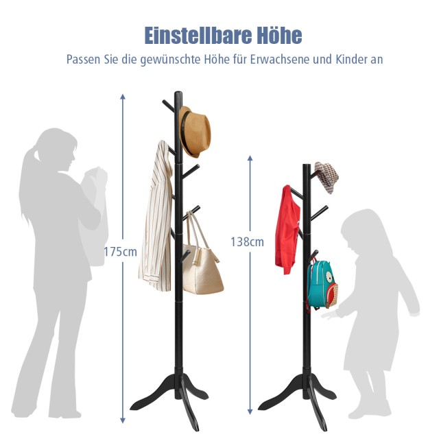 Costway Κρεμάστρα με 8 γάντζους, ξύλινη κρεμάστρα, ρυθμιζόμενη σε ύψος 175 cm, μαύρη. HW65612BK