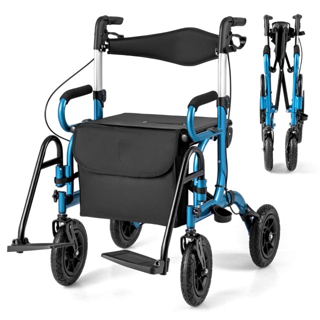 Costway Πτυσσόμενος Ελαφρύς Rollator με Φουσκωτούς Τροχούς και Κάθισμα 2 σε 1 Ρολλάτορας & Καροτσάκι Ταξιδιού Μπλε JH10028NY
