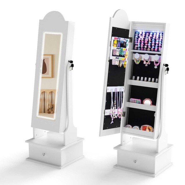 Costway Λευκός Παιδικός Όρθιος Οργανωτής Κοσμημάτων με Φωτισμό και Ολόσωμο Καθρέφτη 113 x 30 x 34 cm HY10479DE-WH