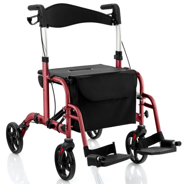 Costway Ελαφρύς Αναδιπλούμενος Rollator με Κάθισμα 2 σε 1 Καρέκλα & Ταξιδιωτικός Rollator Κόκκινο JH10012RE