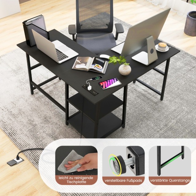 Costway Μοντέρνο Γραφείο Υπολογιστή σε Σχήμα L με Ενσωματωμένο Σταθμό Φόρτισης και Ράφια Αποθήκευσης CB10470DE-DK