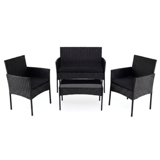 Costway Σετ Κήπου από Ρατάν με 2 Καρέκλες, Παγκάκι, Τραπέζι και Μαξιλάρια, Μαύρο NP13115DK