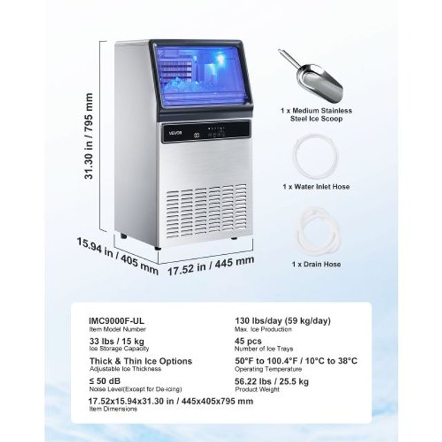 VEVOR Εμπορική Παγομηχανή, 59kg/24ωρη, Με Αποθήκη 15kg, 45 Κύβοι/Κύκλος, Ανοξείδωτο Ατσάλι, Ελεύθερης Τοποθέτησης & Υποπάγκια, με LED Οθόνη & Αυτοκαθαρισμό QSYYTSFBZBJ3042ZA001V2