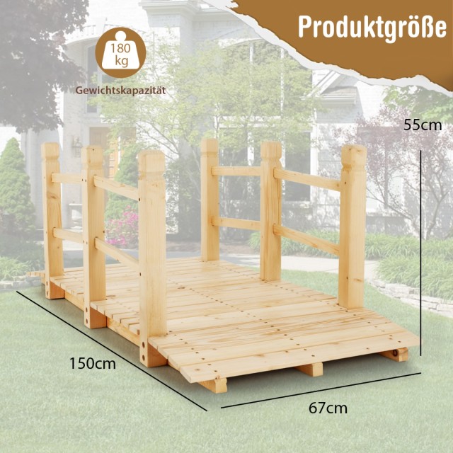 Costway Ξύλινη Γέφυρα Κήπου 150x60x60 εκ.με Κάγκελα από Μασίφ Ξύλο Ελάτης έως 100 kg GT4067NA