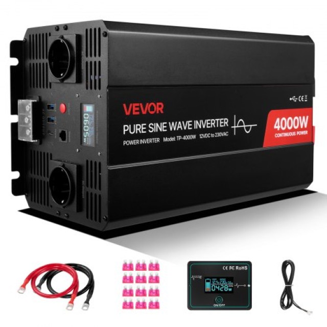 VEVOR Μετατροπέας Ισχύος 4000W, Καθαρού Ημιτόνου 12V DC σε 230V AC με Οθόνη LCD LCDPYKCZXNBQ11UIQ001V2