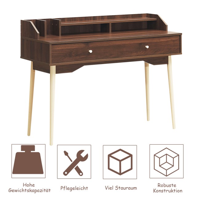 Costway Πολυλειτουργικό Γραφείο Υπολογιστή με Ράφια και Συρτάρι από Καουτσούκ Ξύλο HW63447CF