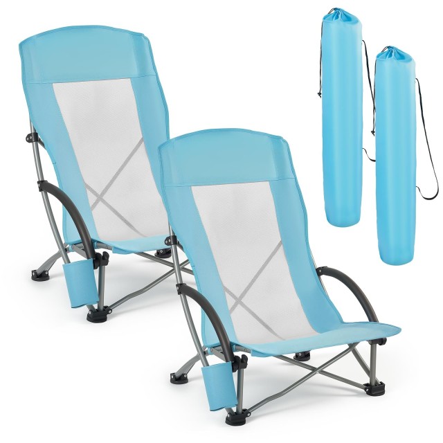 VEVOR Σετ 2 Φορητές Πτυσσόμενες Καρέκλες Παραλίας με Ψηλή Πλάτη, Κουμπωτή Θήκη Ποτηριού, Δίχτυ στο Πίσω Μέρος, και Τσάντα Μεταφοράς, Υποστήριξη έως 150 kg, Γαλάζιο Χρώμα HWZDYXGBSTY23ZK53001V0