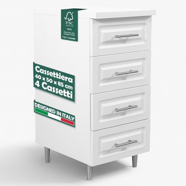 Shally Dogan Λευκή Ξύλινη Συρταριέρα για την Κουζίνα με Μοντέρνο Σχεδιασμό Boiserie με 4 Συρτάρια 02001649