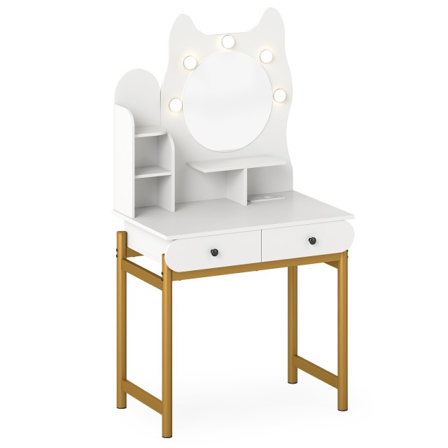 Costway Λευκή Τουαλέτα Μακιγιάζ Σε Σχήμα Γάτας με Καθρέφτη, Φωτισμό & Συρτάρια 150 x 80 x 50 εκ. HU11190DE-WH