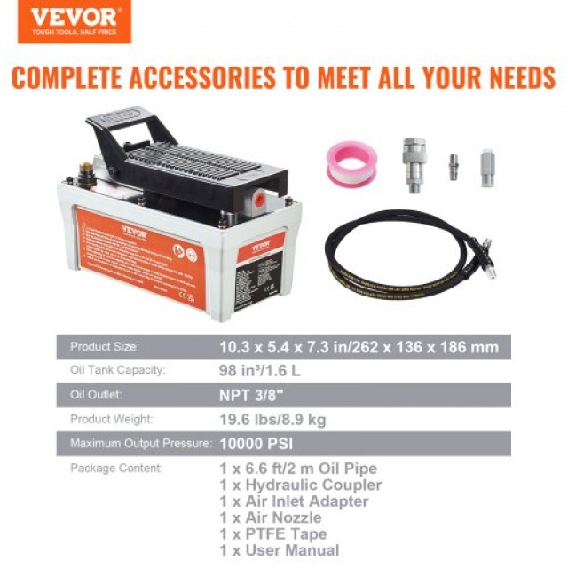 VEVOR Υδραυλική Αντλία Αέρος 10,000 PSI, 1/2 Γαλ, Γκρι  HSMJTELECTRIC8F6HV0