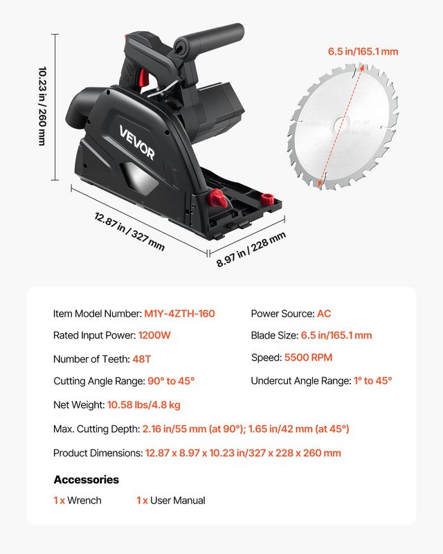 VEVOR Σετ Βυθιζόμενης Σέγας 165.1 mm με Δίσκο 48 Δοντιών, Ρύθμιση Γωνίας 0-45°, Βάθος Κοπής 55 mm, Μαύρο JLGDJ1200W65PJ2R1001V2