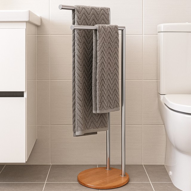 BAKAJI Διπλή Επιδαπέδια Πετσετοθήκη από Ανοξείδωτο Ατσάλι με Βάση Μπαμπού για Μπάνιο 02842582