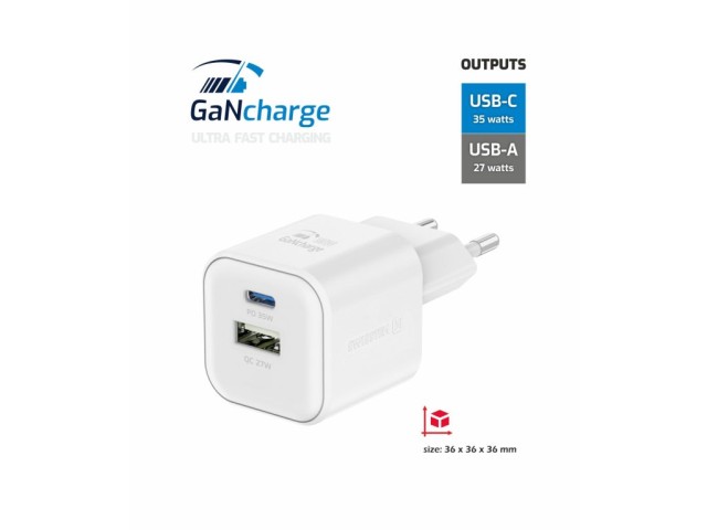 SWISSTEN Γρήγορος Φορτιστής GaN: 1x USB-C 35W PD και 1x USB-A 27W QC Μαύρο 8595217484498