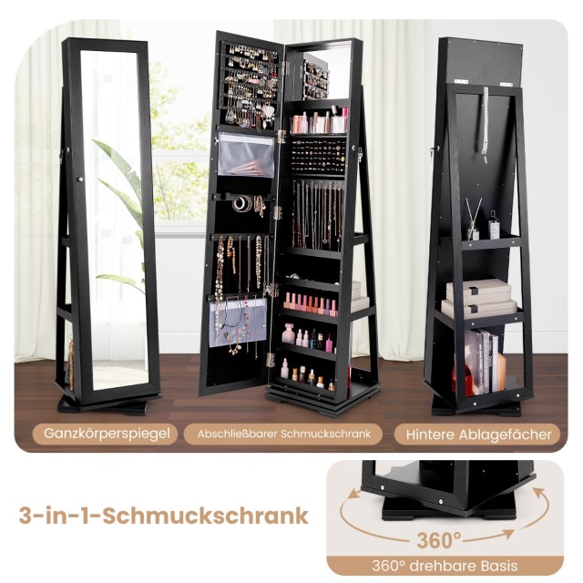 Costway Μαύρο Ντουλάπι Κοσμημάτων με Ολόσωμο Καθρέφτη και Ενσωματωμένο Καθρέφτη Μακιγιάζ HW64483DK