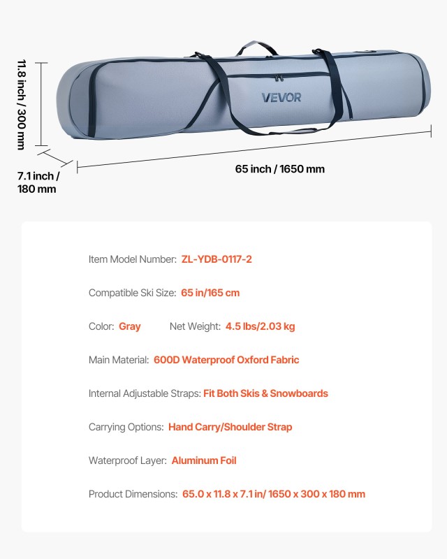 VEVOR Προστατευτική Τσάντα Snowboard 165 cm, Αδιάβροχη με Ενισχυμένους Ιμάντες HXYJBXBB165CBKA7U001V0