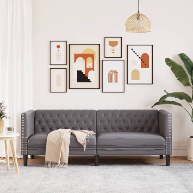 vidaXL Τριθέσιος Καναπές Chesterfield από Γκρι Συνθετικό Δέρμα 372669