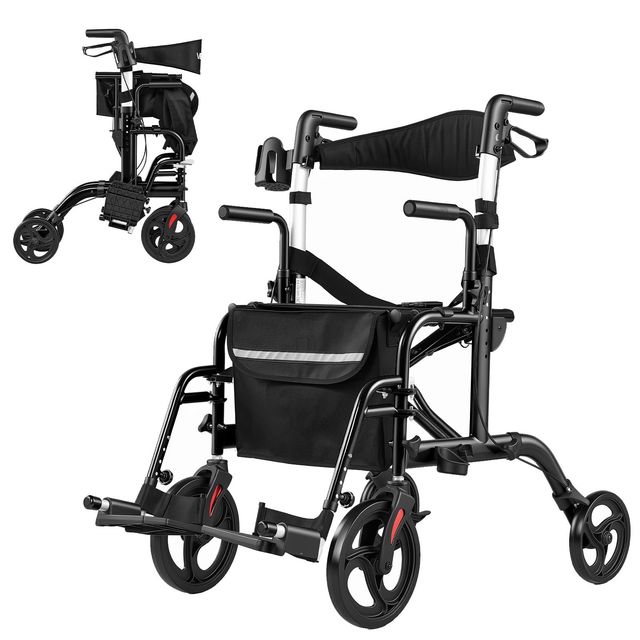 VEVOR Περιπατητήρας Rollator 2 σε 1 με Καρέκλα Μεταφοράς, Αναδιπλούμενος, Αλουμινίου, με Ρόδες PVC, Θήκη για Κούπα & Μπαστούνι, 136kg EHYZXQHSLHJQJFTJQ001V0