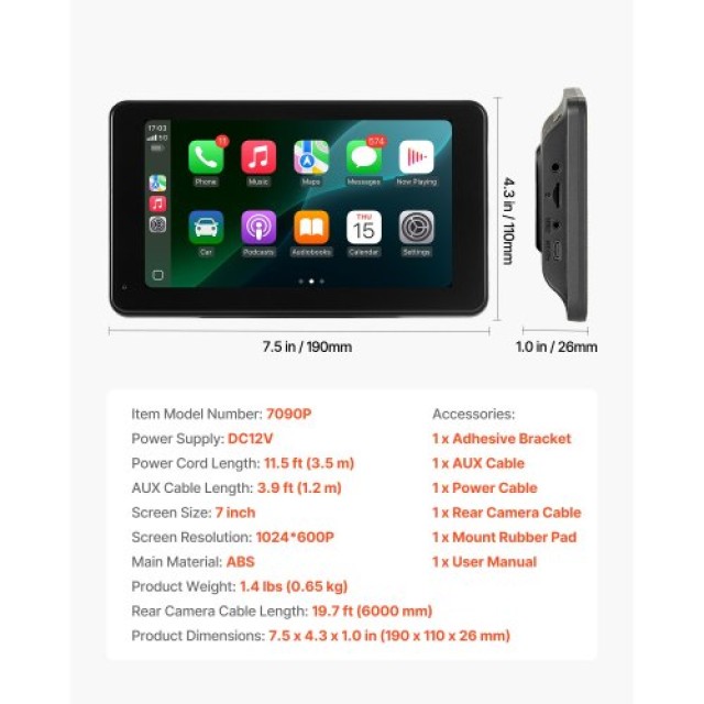 VEVOR Οθόνη Αυτοκινήτου 7 με CarPlay, Android Auto & Κάμερα Οπισθοπορείας CZZKP7INCHBDV1Y7K001V9