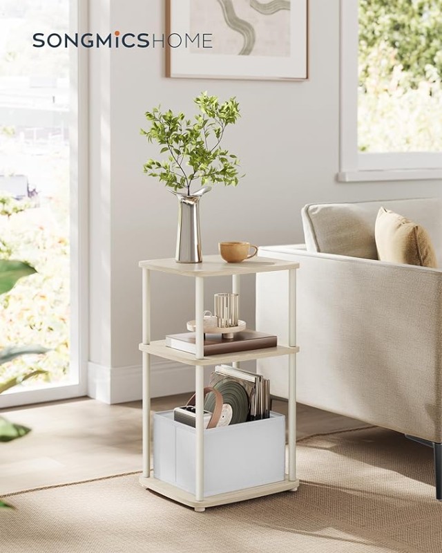 SONGMICS Μοντέρνο Πλαϊνό Τραπέζι 34x30x58cm με 3 Ράφια και Υφασμάτινο Καλάθι σε Μπεζ Χρώμα LET286N01